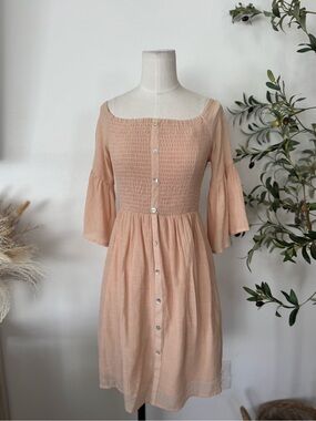 Earthbound Trading Co Peach Smocked Boho Midi Dress Bell Sleeve M